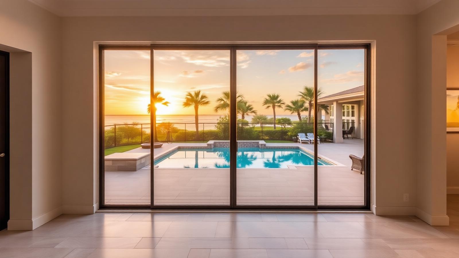 Sliding glass doors opening to a Naples pool deck at sunset