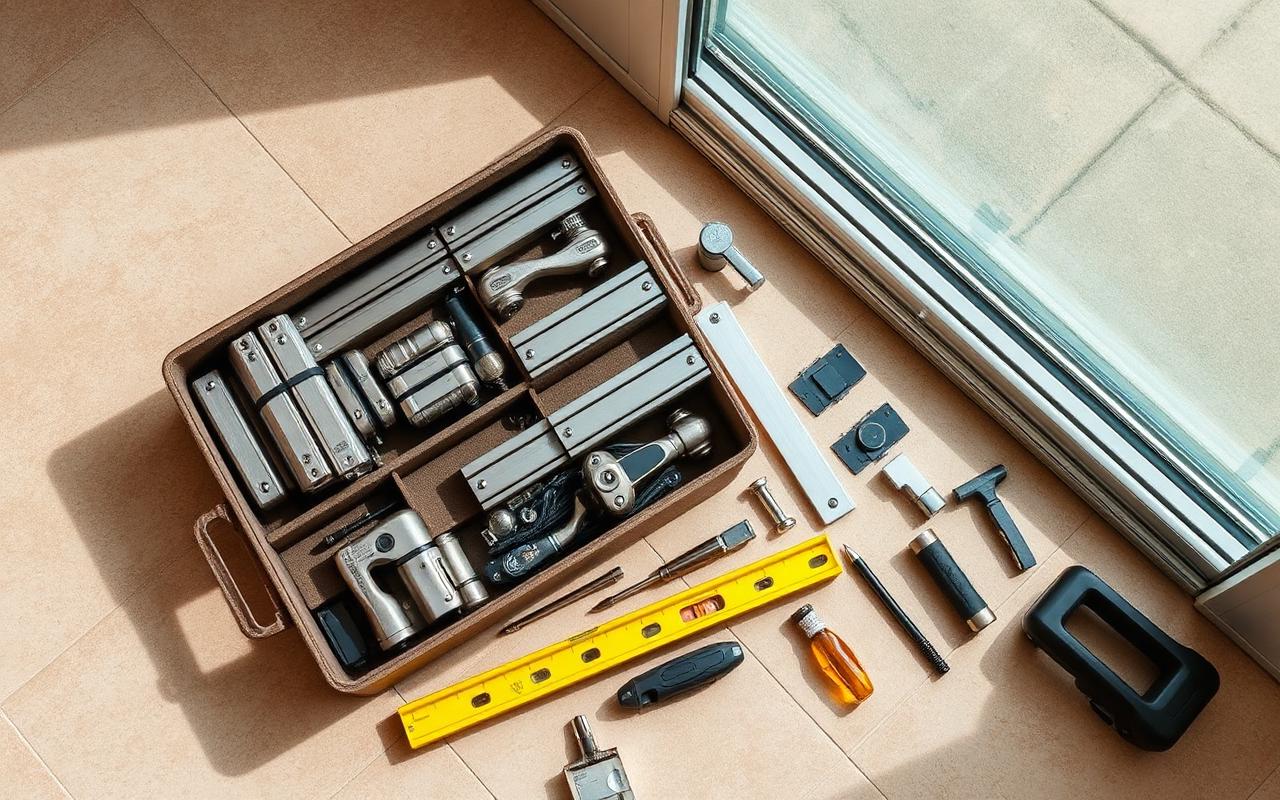 Sliding door rollers, tracks, locks and handles ready for installation