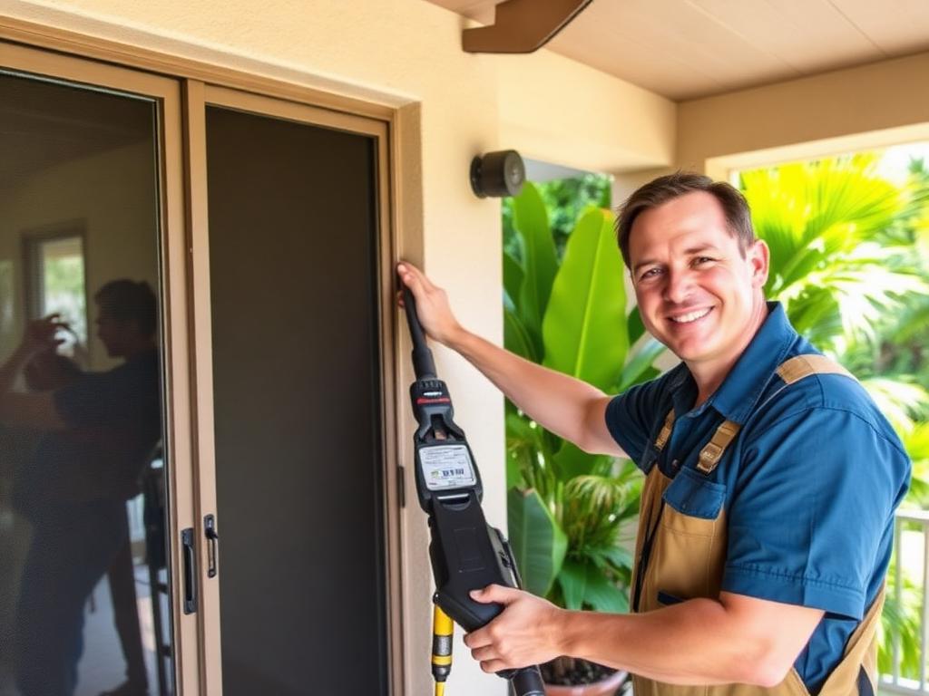 Friendly technician installing a new sliding screen door on a Naples lanai